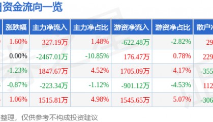 股票行情快报：渝开发（000514）8月18日主力资金净买入327.19万元