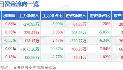 股票行情快报:六国化工(600470)8月11日主力资金净卖出270.95万元