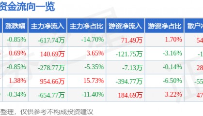 股票行情快报：黑芝麻（000716）3月11日主力资金净卖出617.74万元