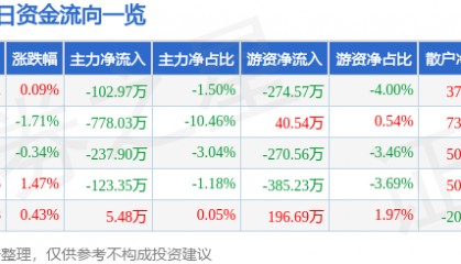 股票行情快报：百大集团（600865）5月13日主力资金净卖出102.97万元