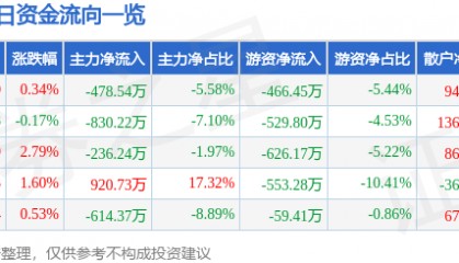 股票行情快报:六国化工(600470)9月10日主力资金净卖出478.54万元