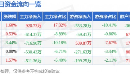 股票行情快报:六国化工(600470)9月5日主力资金净买入920.73万元