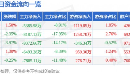 股票行情快报：潞安环能（601699）5月11日主力资金净卖出5385.98万元