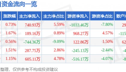 股票行情快报：渝开发（000514）9月10日主力资金净买入740.93万元