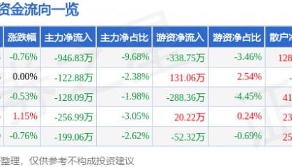 股票行情快报:来伊份(603777)7月29日主力资金净卖出946.83万元