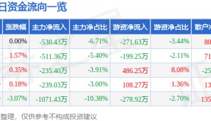股票行情快报:六国化工(600470)9月2日主力资金净卖出530.43万元