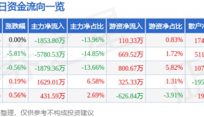 股票行情快报:银河电子(002519)7月16日主力资金净卖出1853.80万元