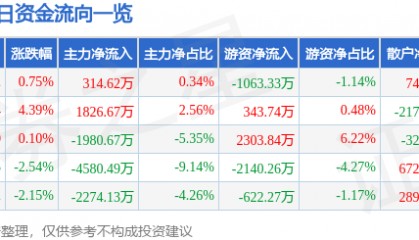 股票行情快报:焦点科技(002315)7月16日主力资金净买入314.62万元