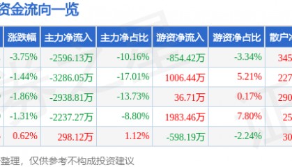 股票行情快报:九芝堂(000989)9月4日主力资金净卖出2596.13万元