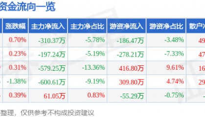 股票行情快报:来伊份(603777)8月5日主力资金净卖出310.37万元