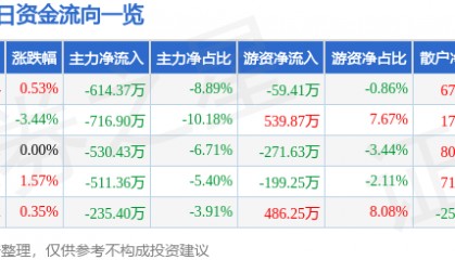 股票行情快报:六国化工(600470)9月4日主力资金净卖出614.37万元
