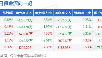 股票行情快报:焦点科技(002315)8月25日主力资金净卖出3205.71万元