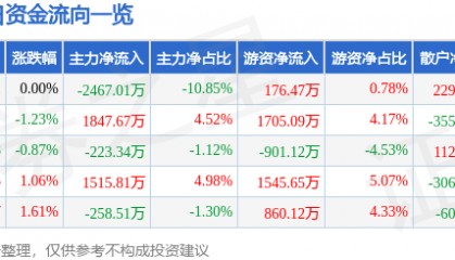 股票行情快报：渝开发（000514）8月15日主力资金净卖出2467.01万元