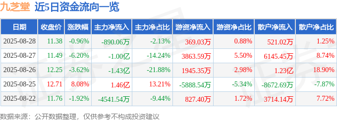 股票行情快报：九芝堂（000989）8月28日主力资金净卖出890.06万元