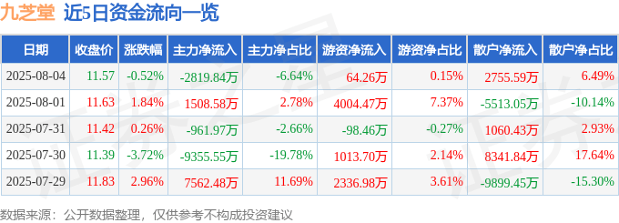 股票行情快报：九芝堂（000989）8月4日主力资金净卖出2819.84万元