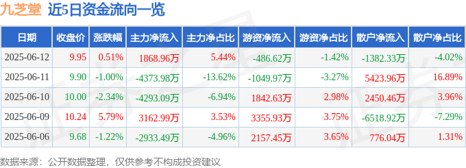 股票行情快报：九芝堂（000989）6月12日主力资金净买入1868.96万元