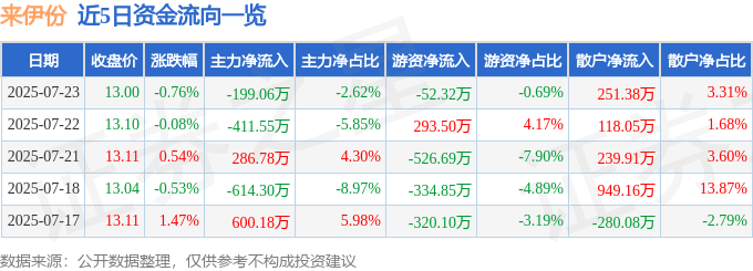 股票行情快报:来伊份(603777)7月23日主力资金净卖出199.06万元