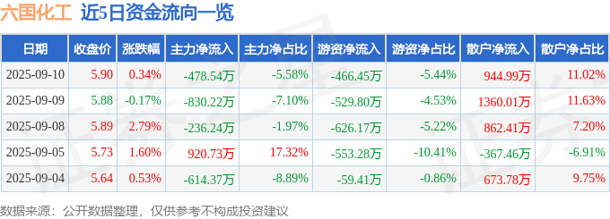股票行情快报:六国化工(600470)9月10日主力资金净卖出478.54万元