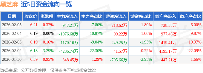 股票行情快报:黑芝麻(000716)2月5日主力资金净卖出947.21万元