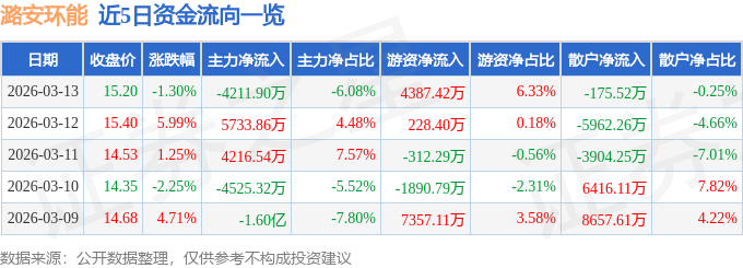 股票行情快报：潞安环能（601699）3月13日主力资金净卖出4211.90万元