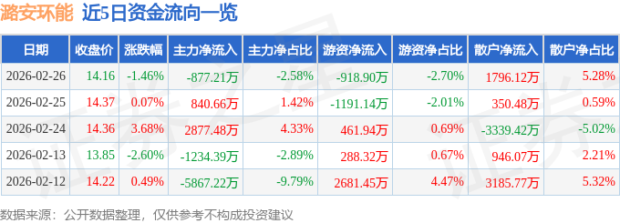 股票行情快报：潞安环能（601699）2月26日主力资金净卖出877.21万元