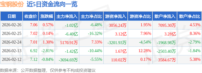 股票行情快报：宝钢股份（600019）2月26日主力资金净卖出1.02亿元