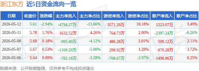股票行情快报：浙江东方（600120）5月12日主力资金净卖出4794.27万元